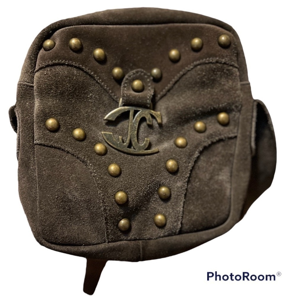 JUST Cavalli Brown Suede Leather Studded Crossbody Bag